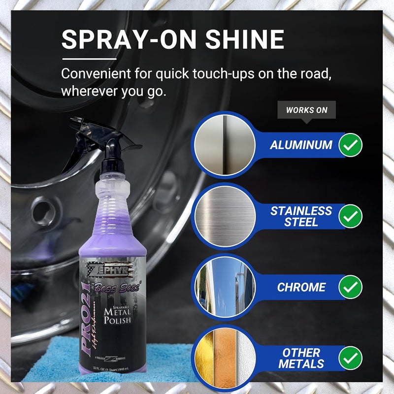 ZEPHYR - Pro 21 Boss Soss Sprayable Metal Polish - Stainless Steel, Chrome, & Aluminum Polish - Sprayable Metal Polishing for Copper, Silver, Bronze, & More - 32 oz. - Image 2